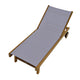 Teak sling lounge chair with light gray sling fabric and rolling wheels