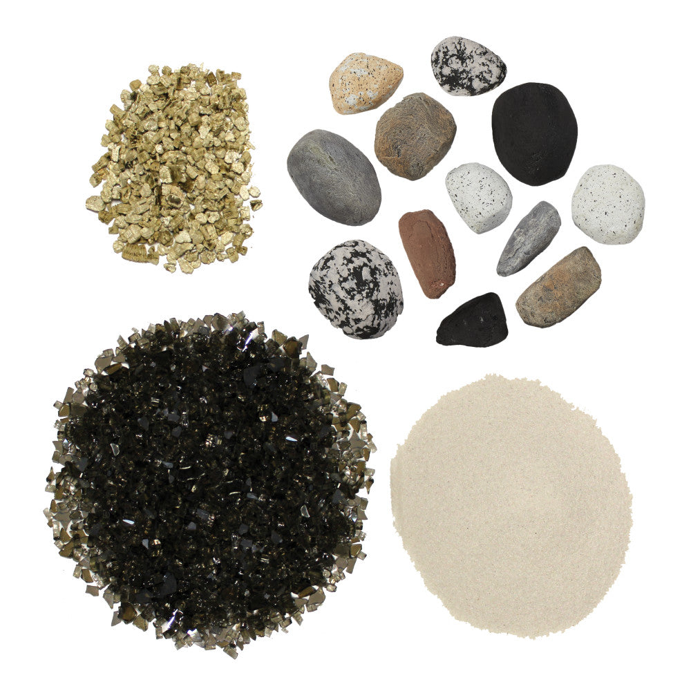 Fire media kit: tan gravel mound, black rock mound, pale sand disk, assorted stones