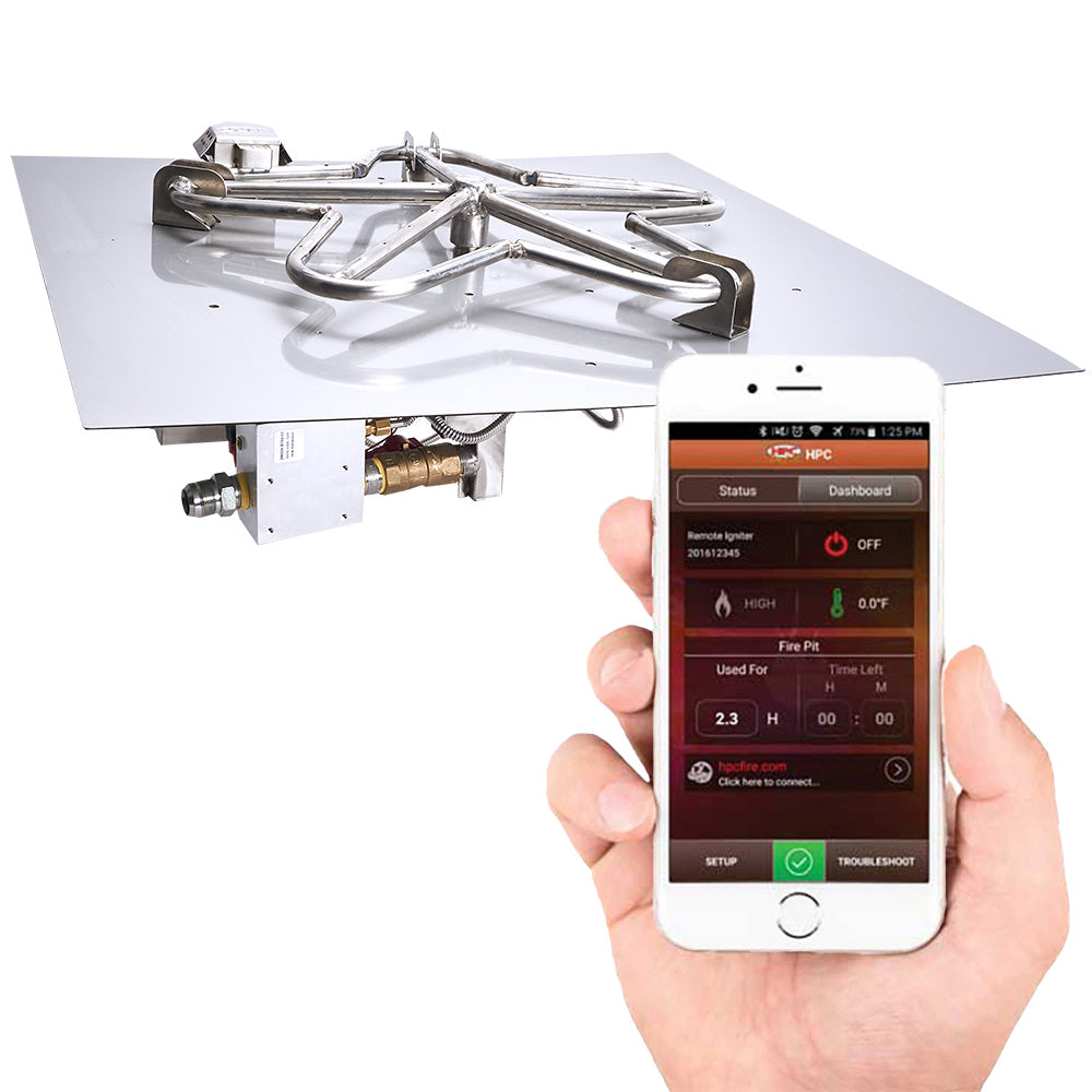 Square gas fire pit burner kit with electronic igniter beside smartphone app control