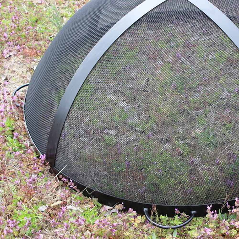 Fire pit spark guard mesh dome screen, dark gray with black metal rim