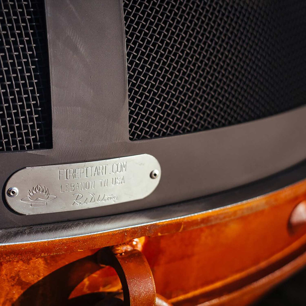 Fire pit spark guard metal frame with textured mesh and side brand label plate