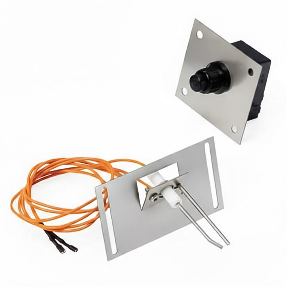 Spark igniter kit with metal mounting plate, black socket, orange wiring and electrode prongs