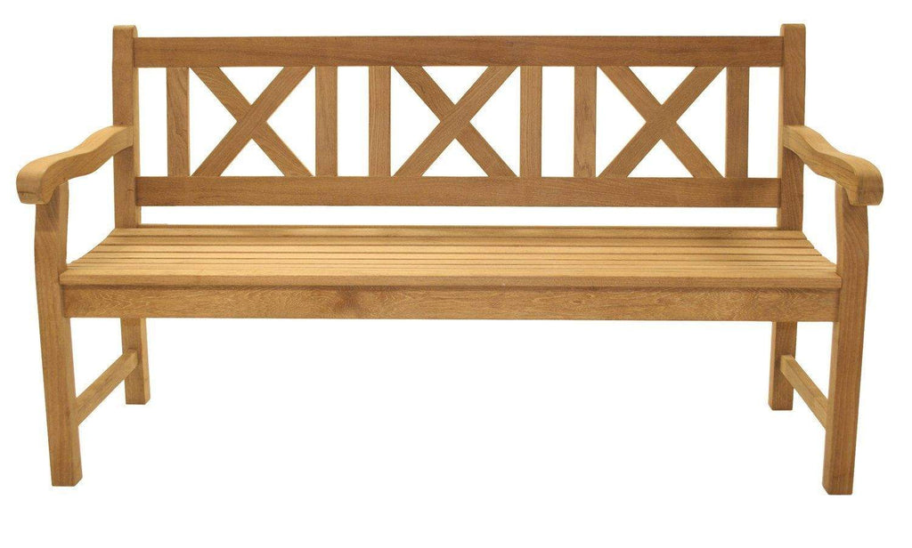 Teak skipper bench with cross-braced back slats and armrests, light natural wood finish