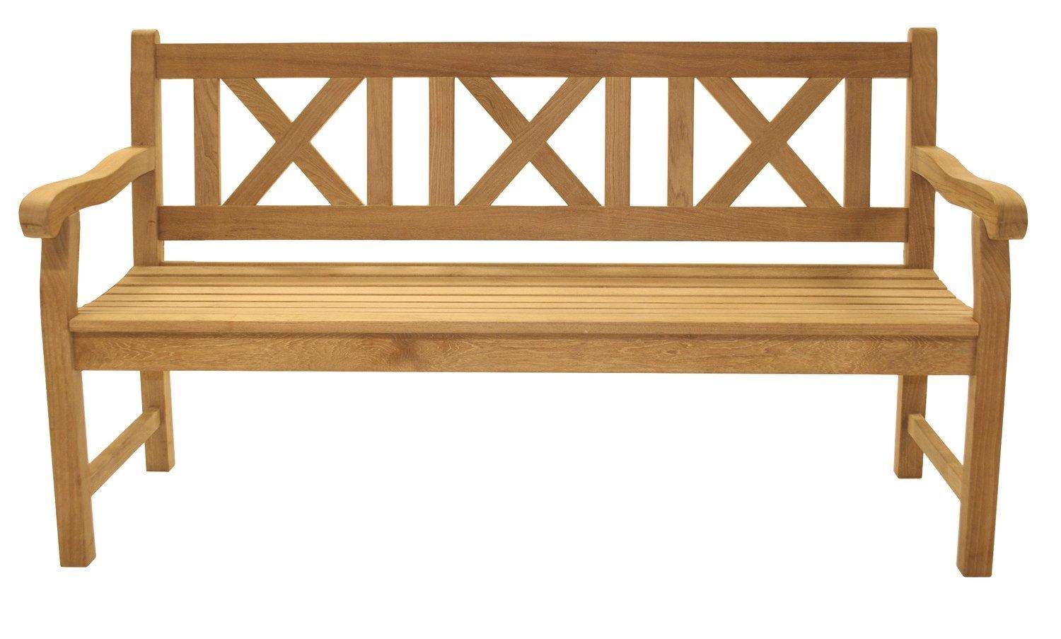 Teak skipper bench with cross-braced back slats and armrests, light natural wood finish