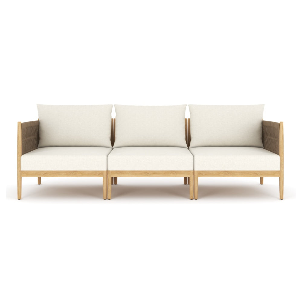 3-piece modular sofa set with three white cushions and light wood arms
