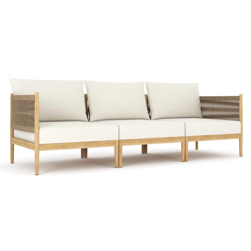 3-piece modular sofa set bench with three white cushions and woven side panels