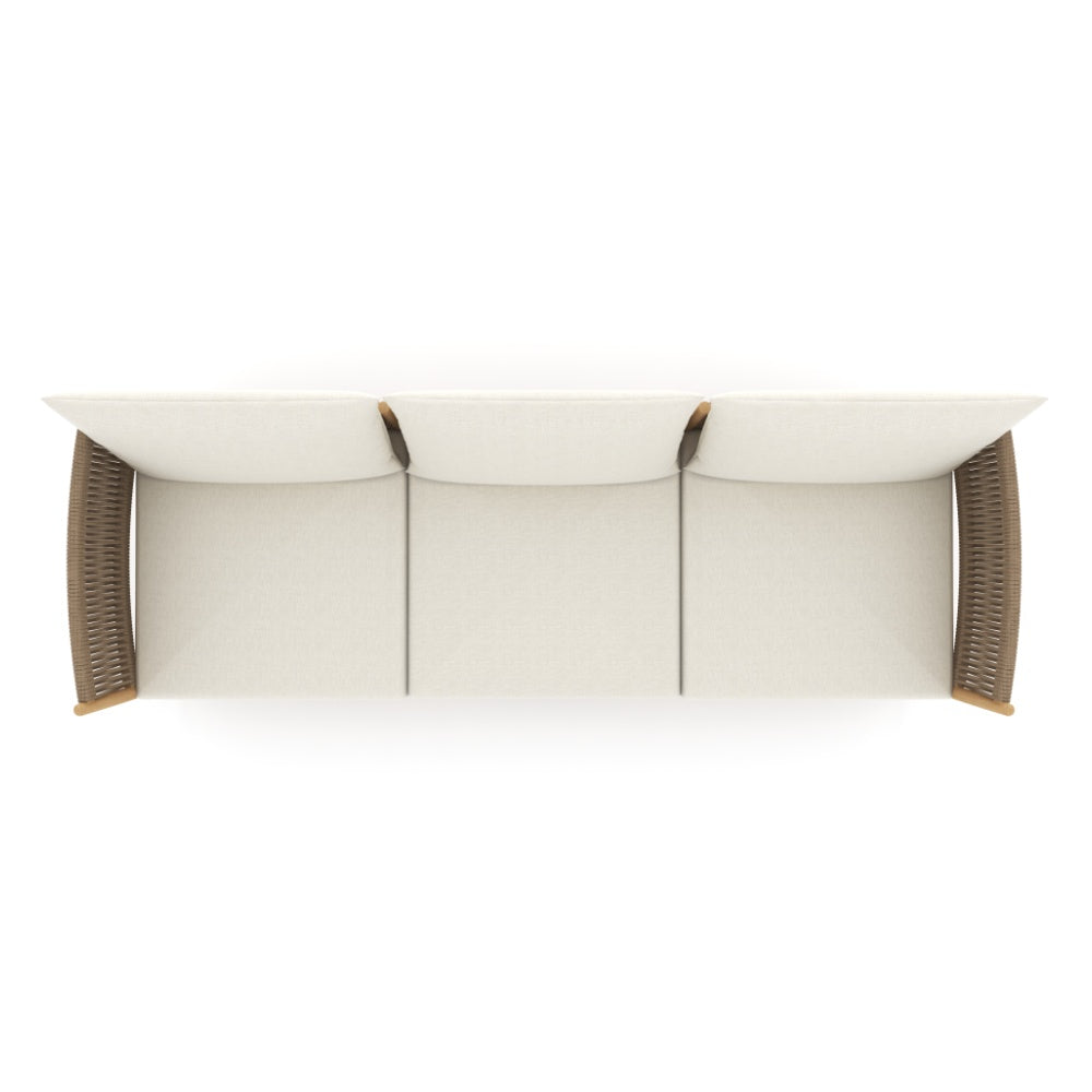 Modular sofa back view with three white cushions and woven brown side panels