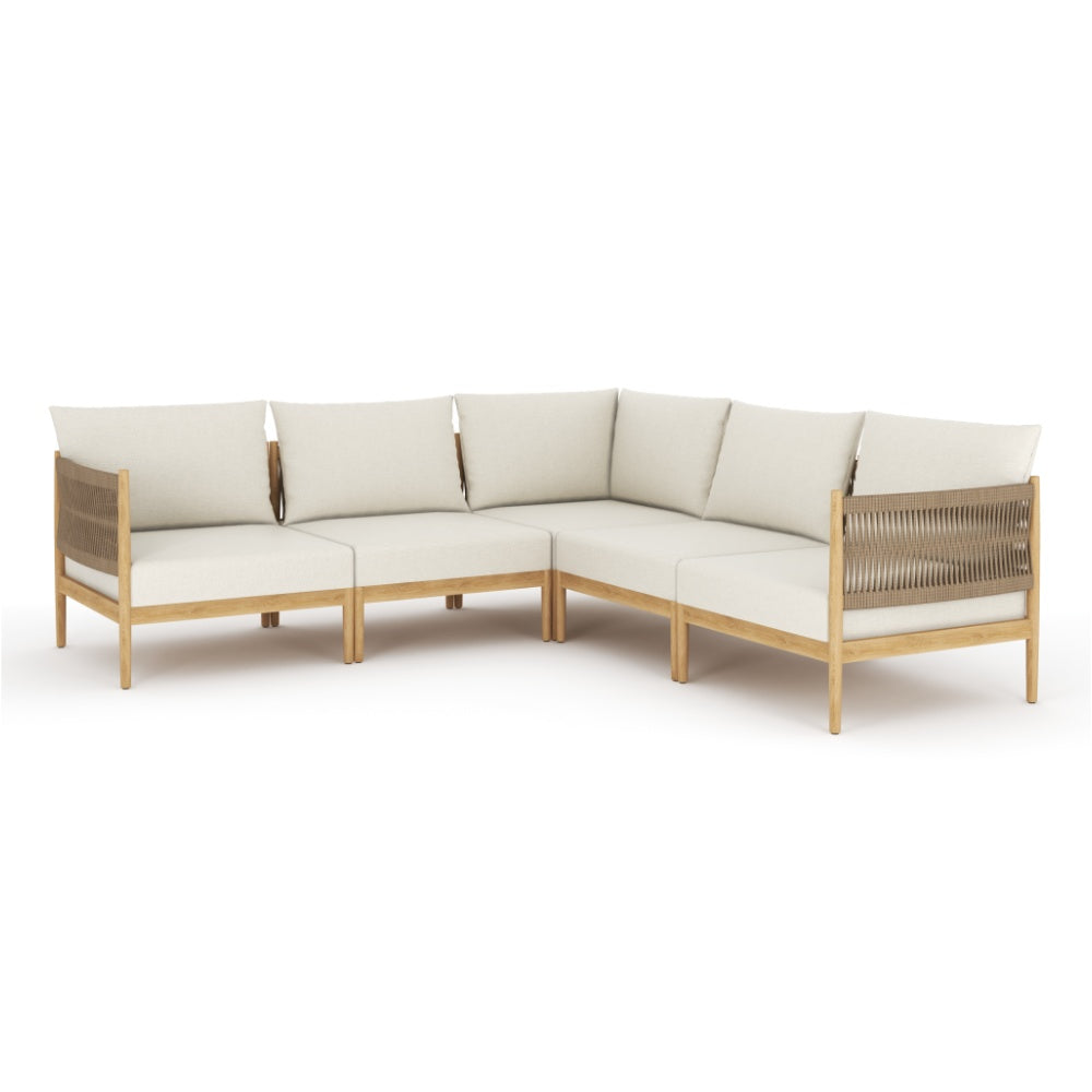Outdoor sectional set with cream cushions and light teak frame, curved corner section