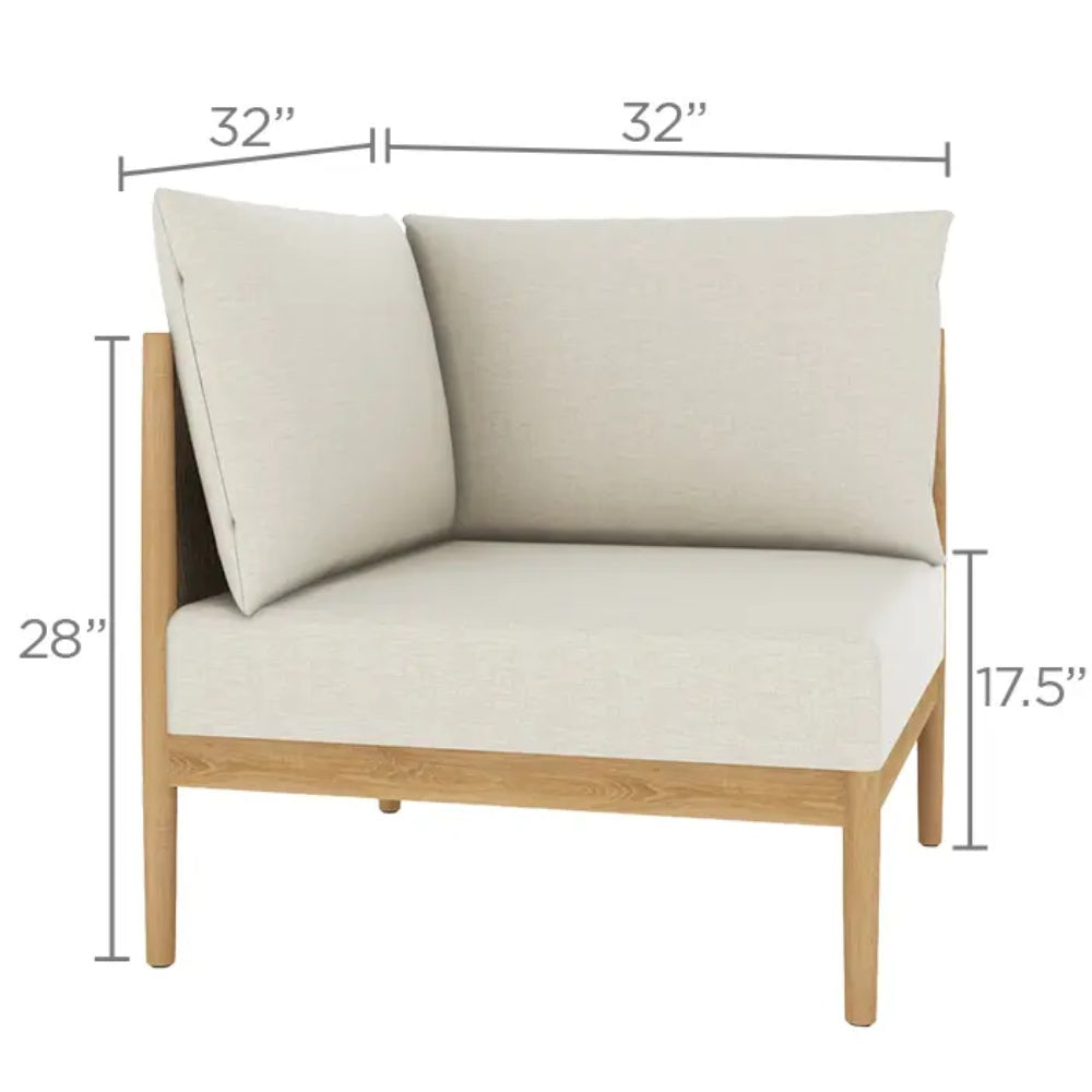 Outdoor lounge corner chair with cream cushions and tall backrest, light teak frame, dimensions
