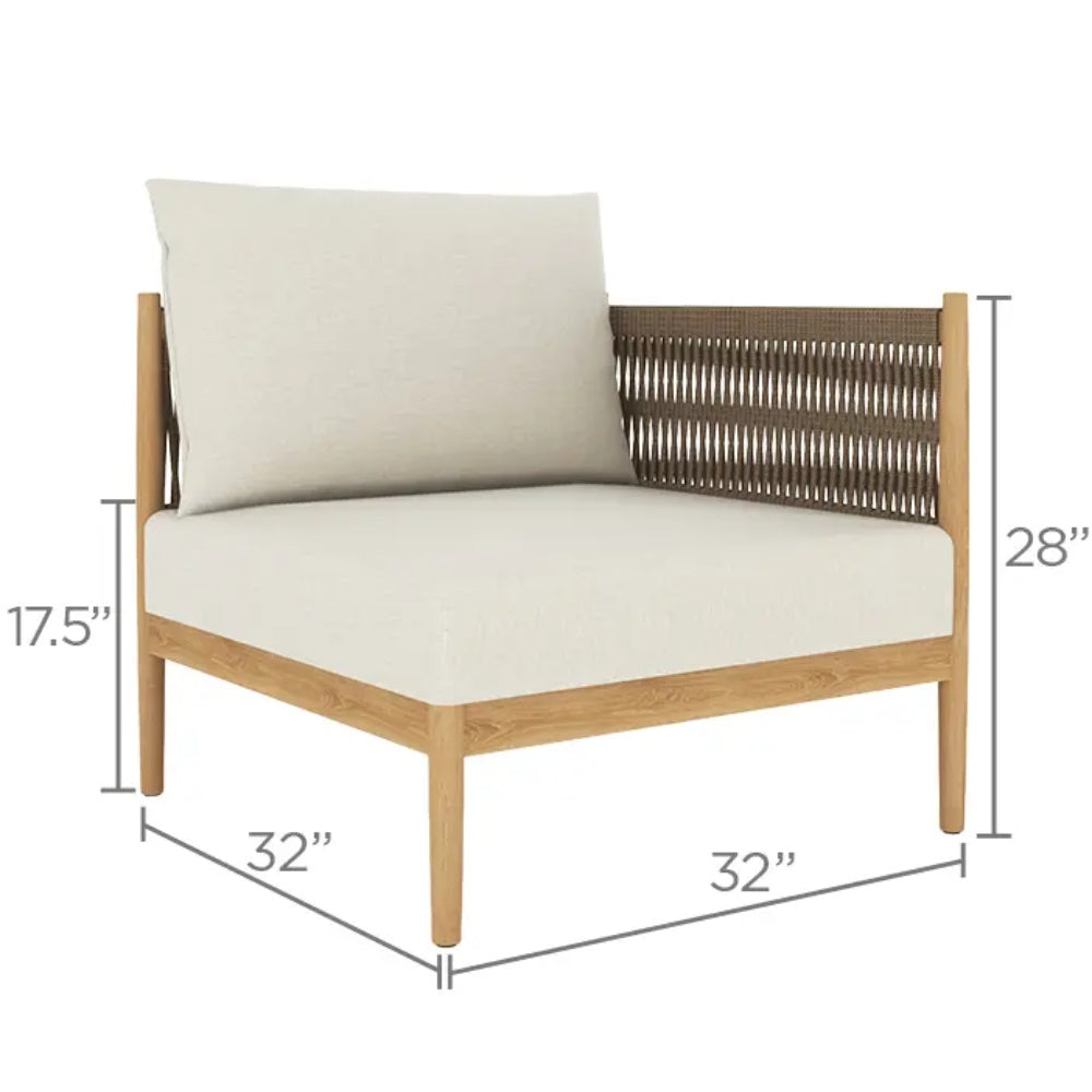 Outdoor lounge chair with cream cushion, light teak frame, woven gray back panel, dimensions