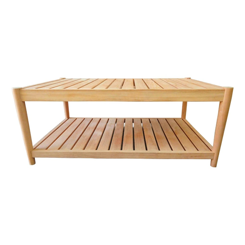 Teak coffee table with two-tier slatted surfaces and open rectangular frame