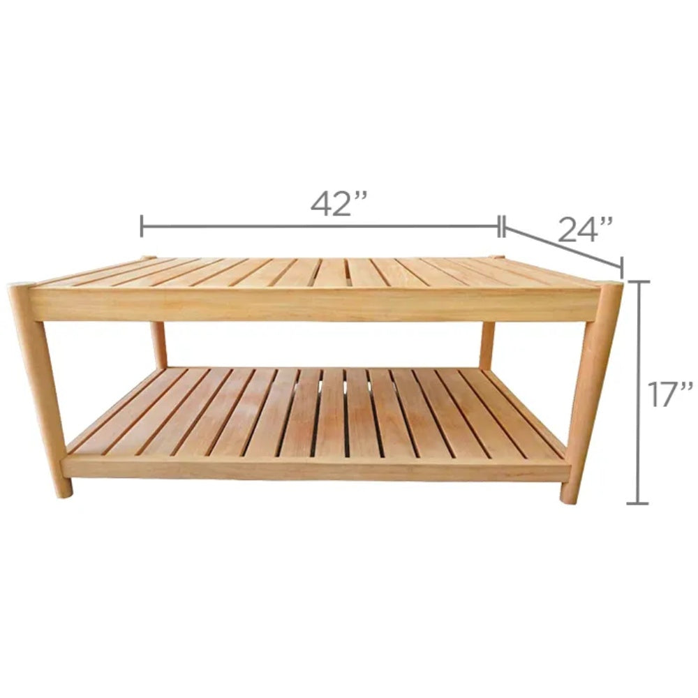 Teak coffee table with slatted top and lower shelf, 42x24x17 in