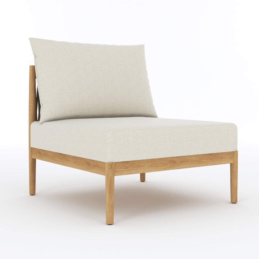 Upholstered sectional insert chair with light beige cushions and light wood frame