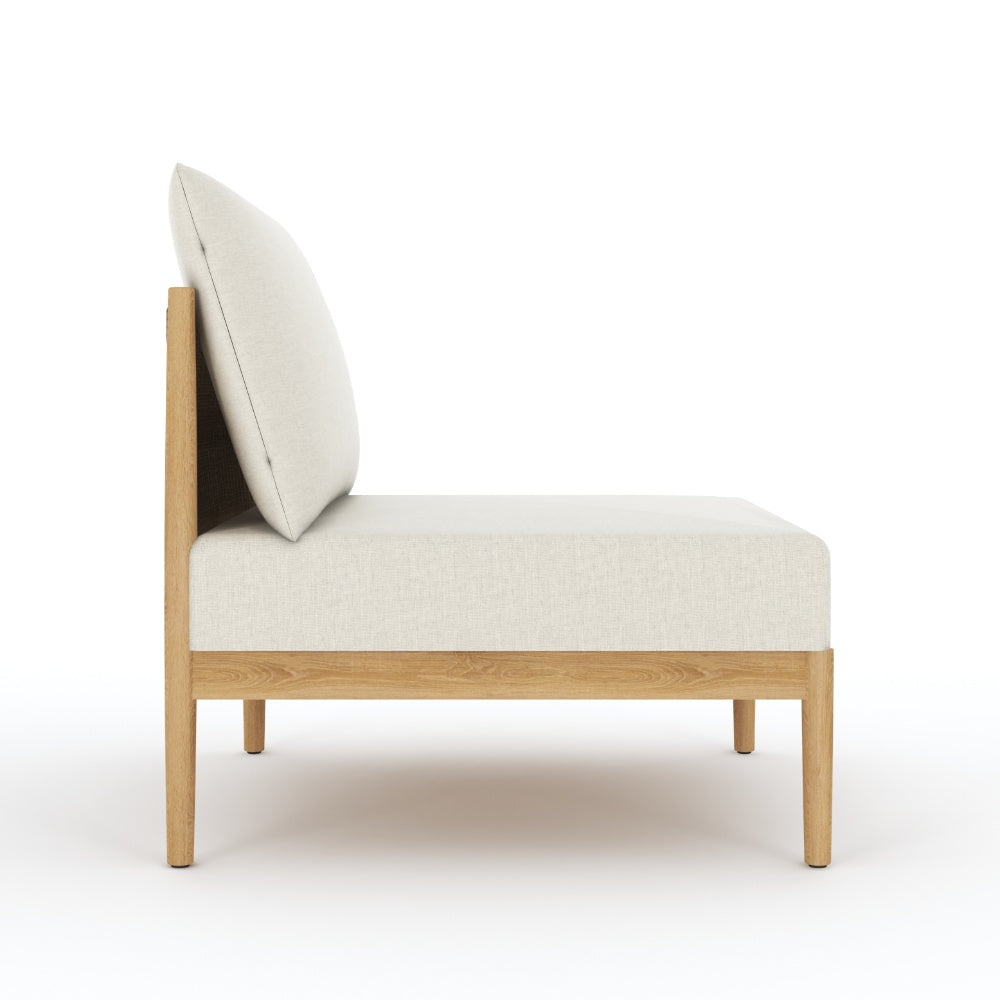 Light beige upholstered chair with tall backrest and light wood arms and legs