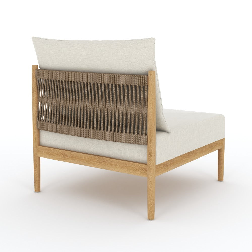 Light beige sectional insert chair with woven back panel and light wood frame
