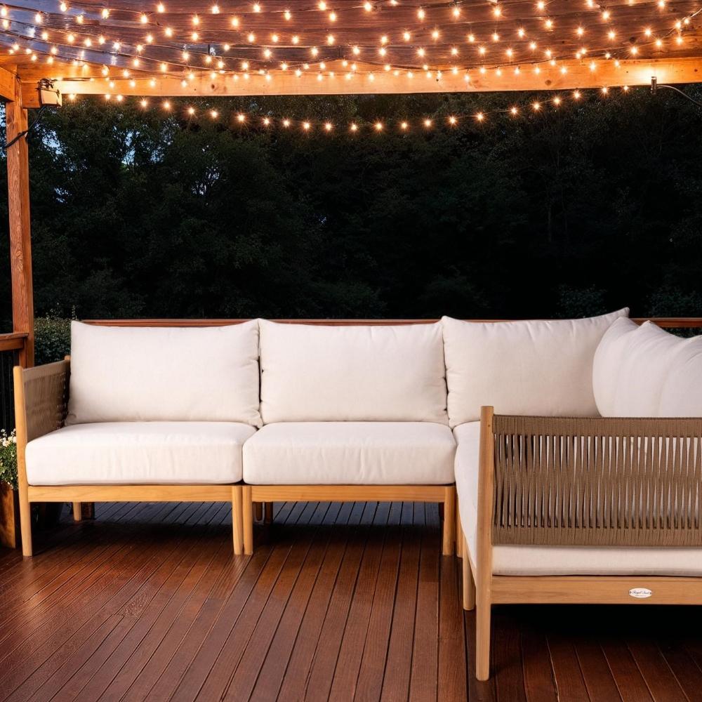 Outdoor sectional insert chair set with light beige cushions and woven wood back panels
