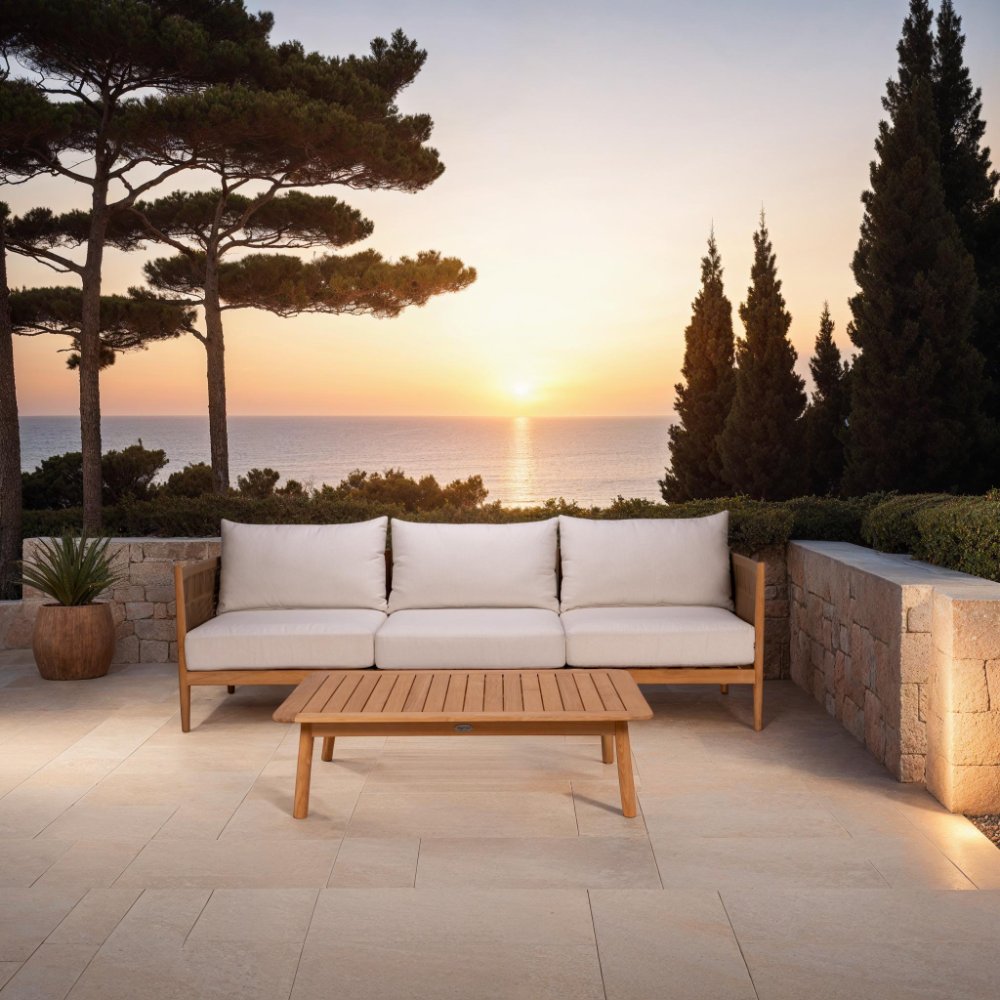 Outdoor sectional insert chair set with light beige seat and back cushions on wood frame