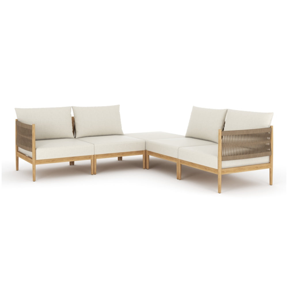 Corner outdoor ottoman with beige cushions and light wood frame, woven back panels
