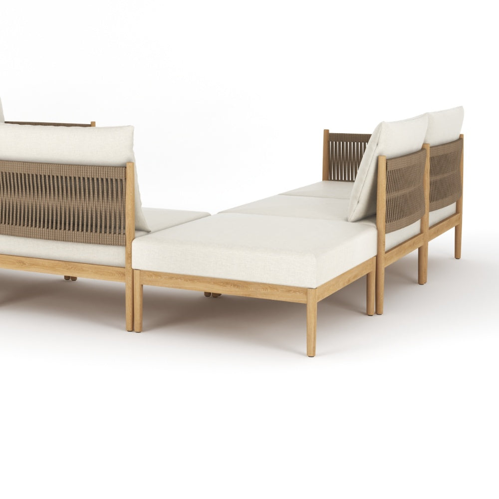 Outdoor ottoman chaise with beige seat cushion, light wood frame, woven side panel