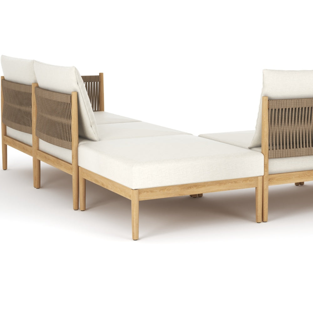 Outdoor ottoman sofa section with beige cushions and light wood frame, woven back panels
