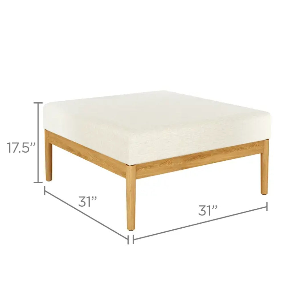 Square ottoman dimensions: 31 in x 31 in, height 17.5 in; beige top, light wood legs