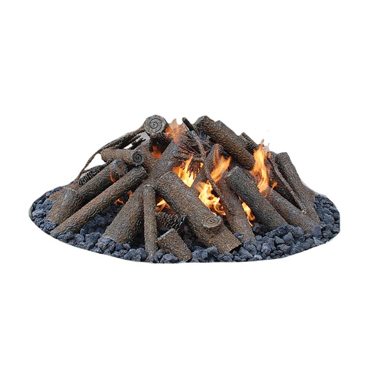 Faux steel log set for fire pit with simulated flames and decorative rocks