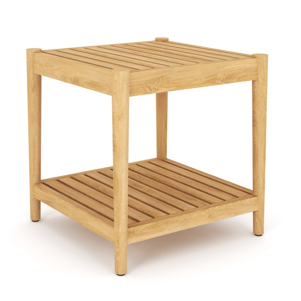 Teak side table with square top and lower slatted shelf, four angled legs