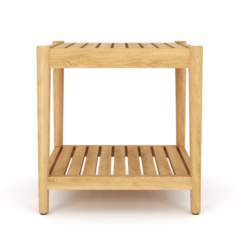 Wood side table with open frame, rectangular top, and bottom slatted shelf