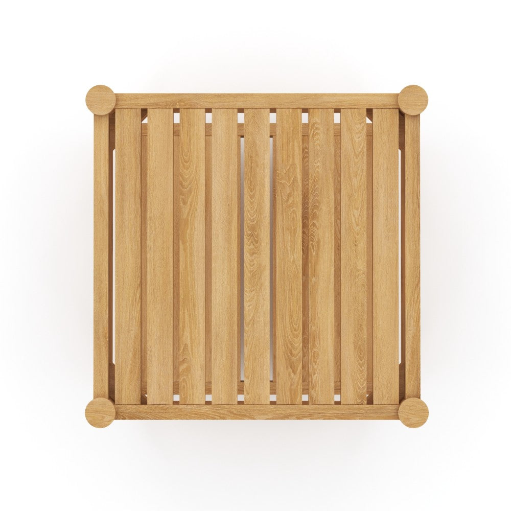 Slatted wood side table front view with rounded corner posts and open center