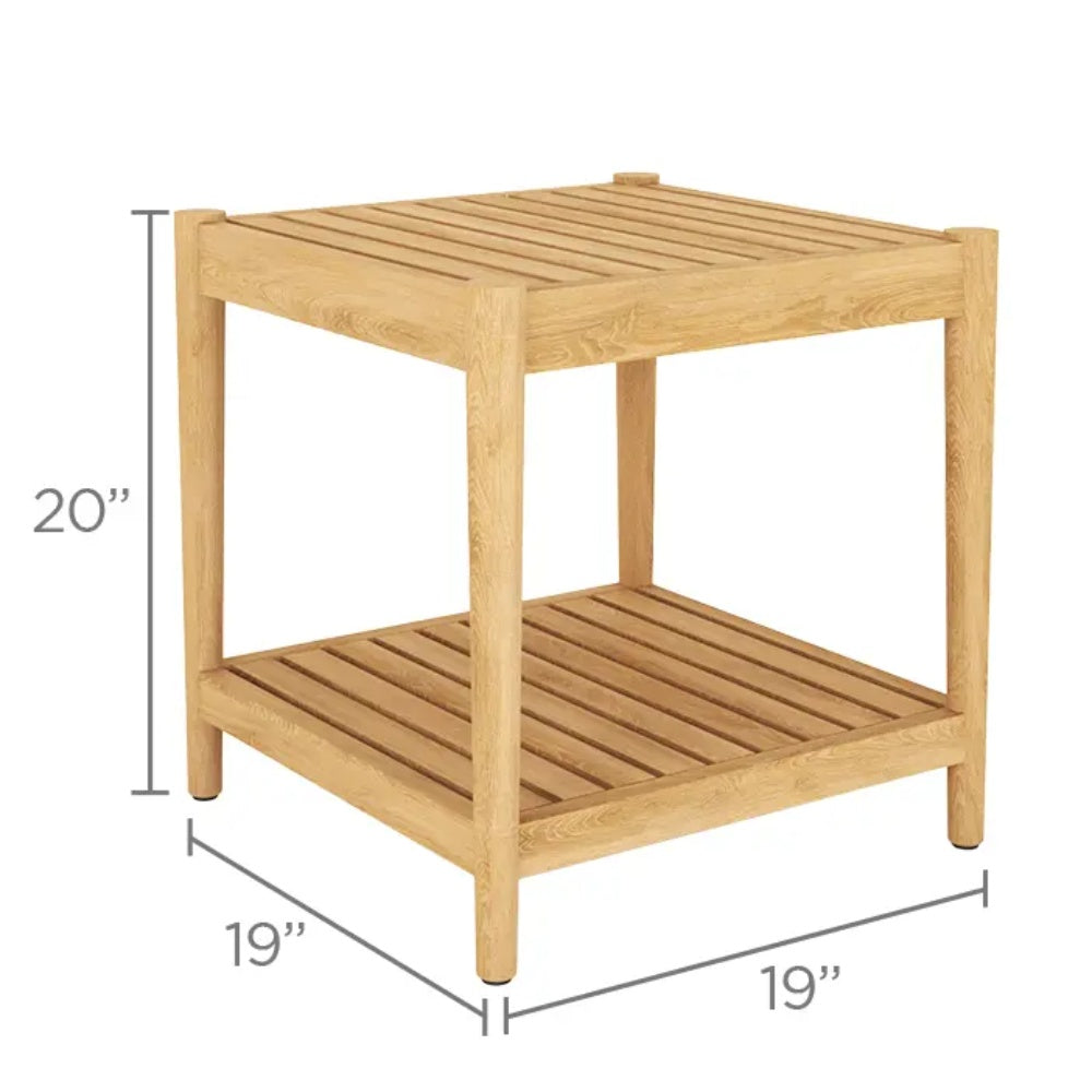 Teak side table with square slatted top and lower shelf; dimensions shown
