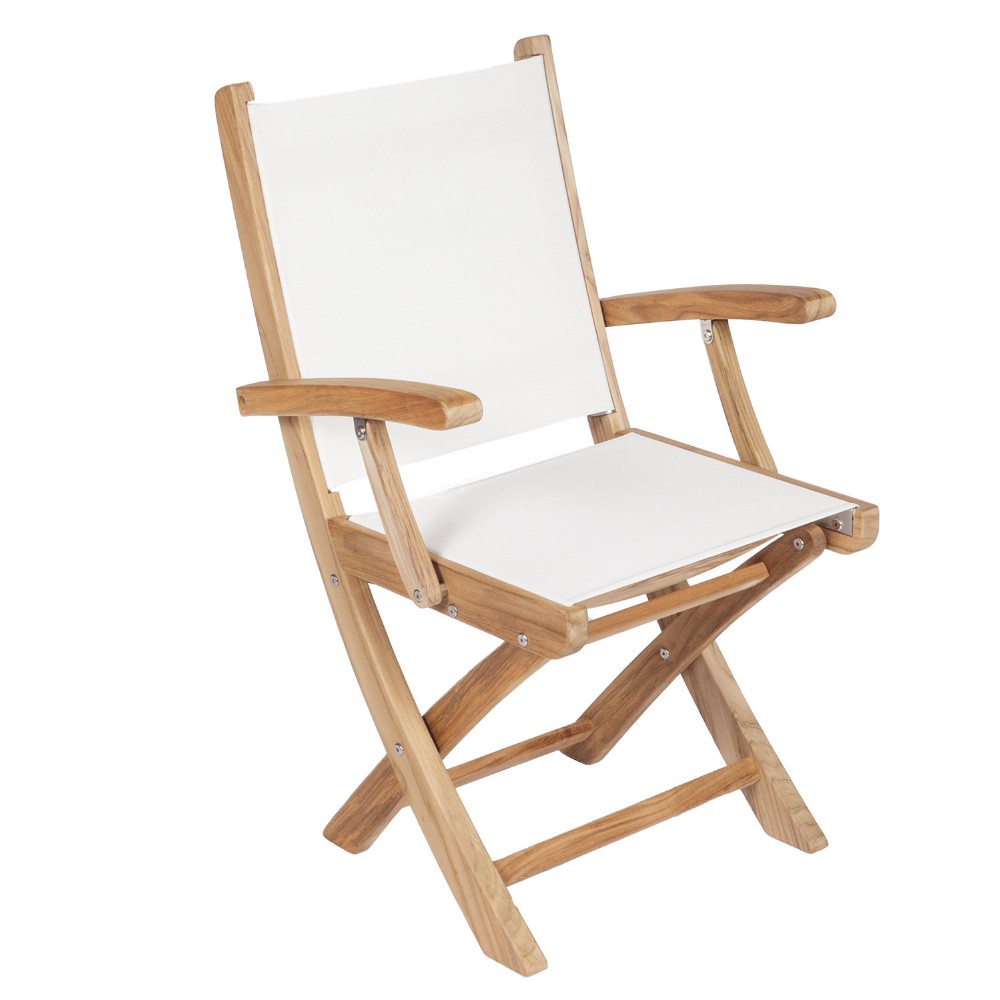 Folding teak sling arm chair with white seat and back, folding wooden arms