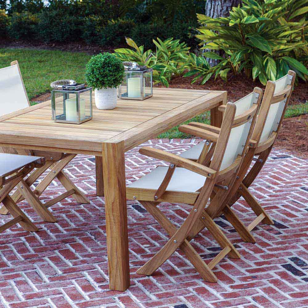 Teak folding arm chair with light sling seat and back, patio lounge chair