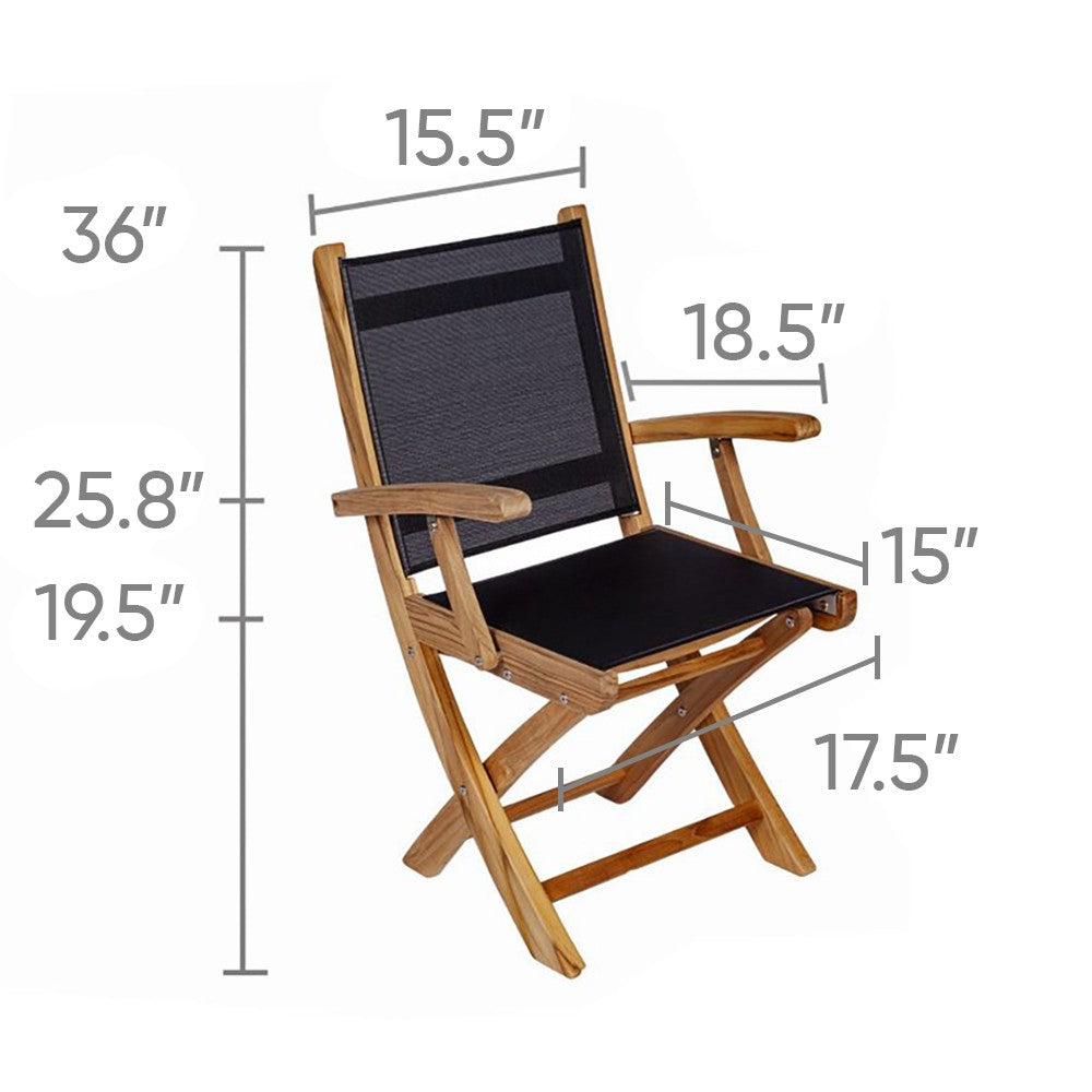 Teak sling folding arm chair with size diagram, dark seat and back fabric