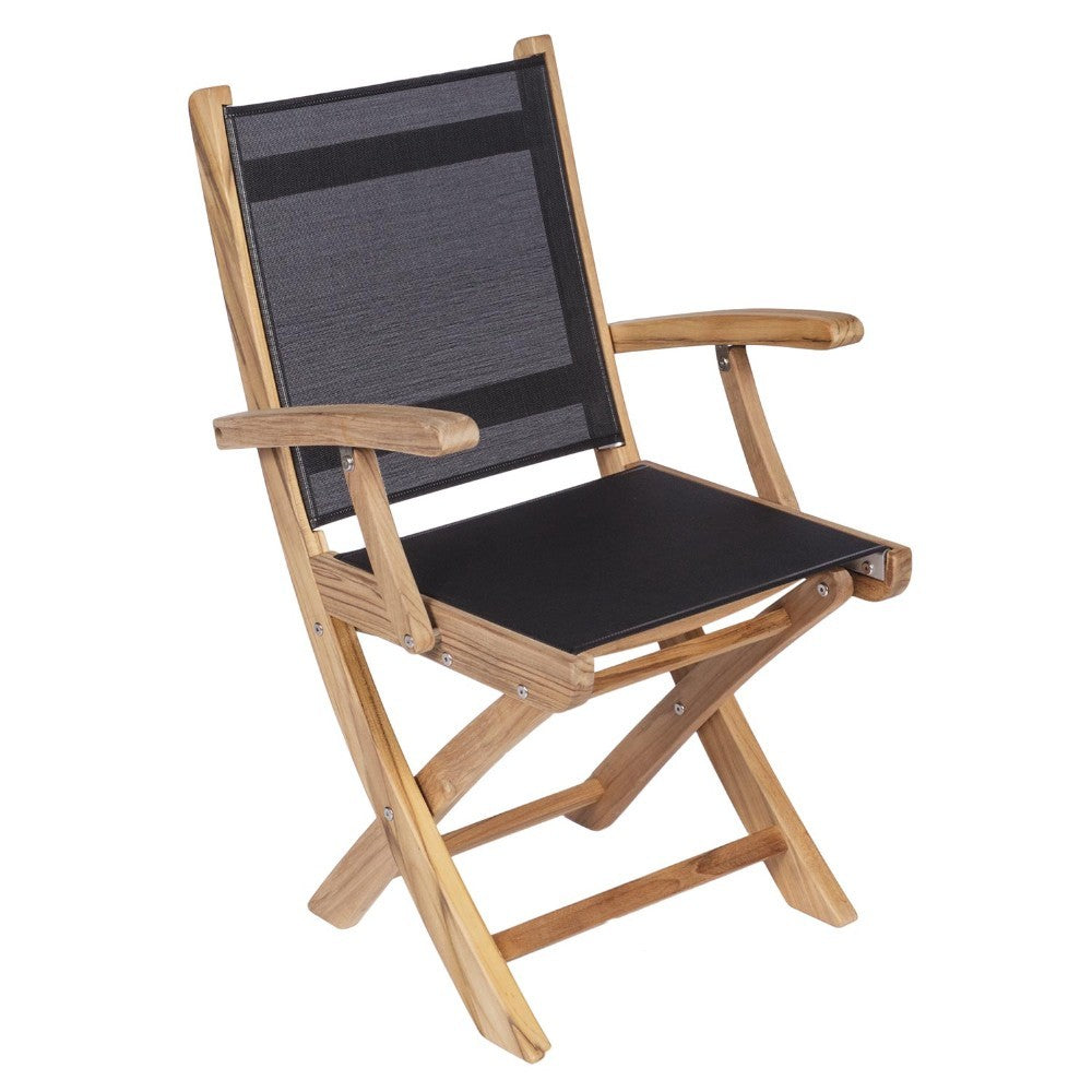 Teak sling folding arm chair with dark gray seat and back fabric