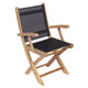 Teak sling folding arm chair with dark gray seat and back fabric