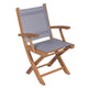 Teak sling folding arm chair with light gray seat and back fabric