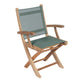 Teak sling folding arm chair with moss green seat and back fabric