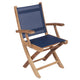 Teak sling folding arm chair with navy seat and back fabric