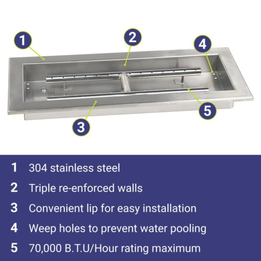 American Fire Products Rectangular Stainless Steel Drop-In Pan Fire Pit Kit with Electronic Ignition