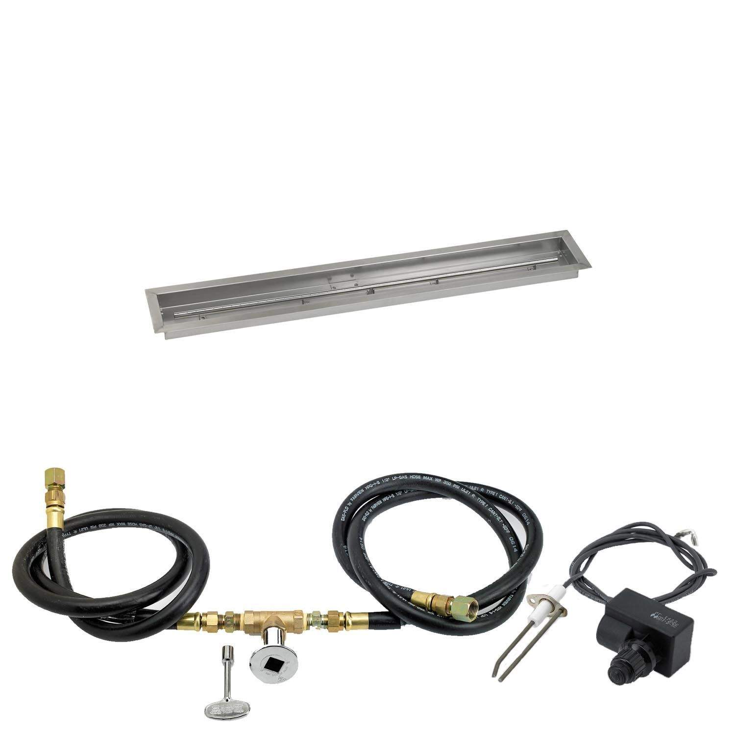 Gas fire pit kit set with stainless trough pan, black hoses, and spark igniter