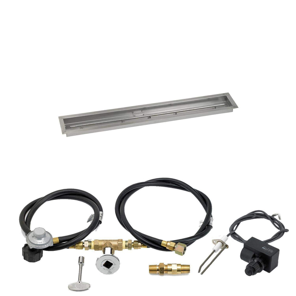 Gas fire pit trough pan kit with black hoses, brass fittings, and spark ignition parts