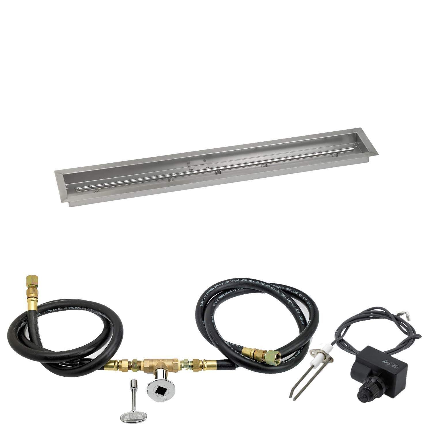 Gas fire pit kit with stainless trough pan and spark ignition components