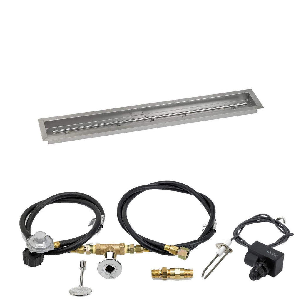Gas fire pit ignition trough pan kit with black hoses, brass adapters, spark parts