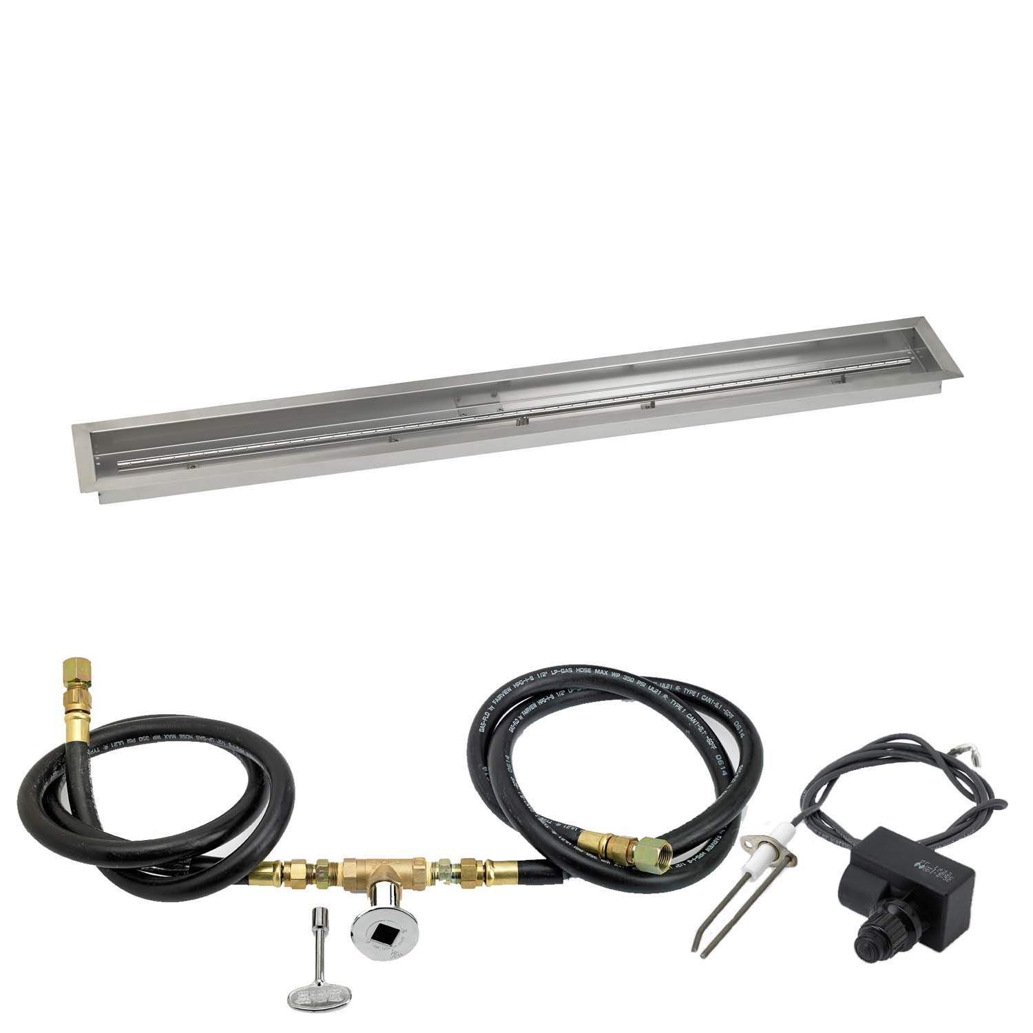 Gas fire pit kit with stainless trough pan, black hoses, and spark igniter parts