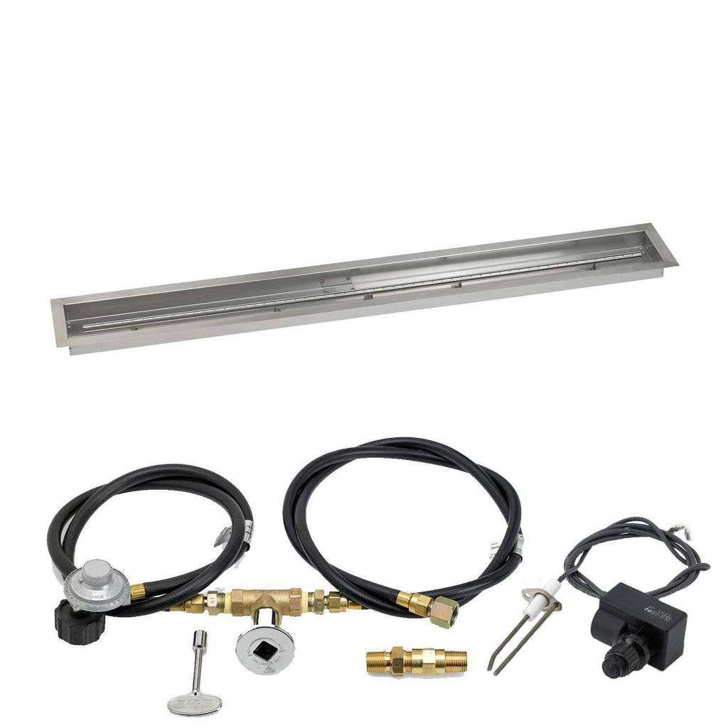 Gas fire pit ignition system kit with burner trough, hoses, brass connectors, igniter rod