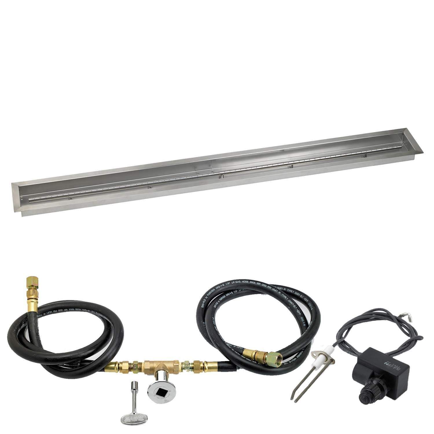 Gas fire pit ignition trough pan kit with black hoses and spark igniter module