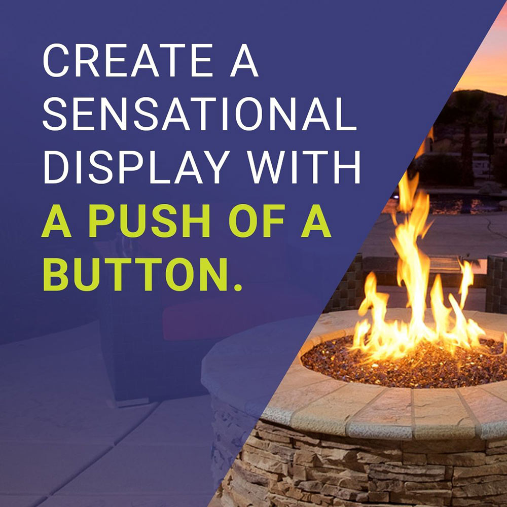 Gas fire pit with flames in a circular stone fire bowl