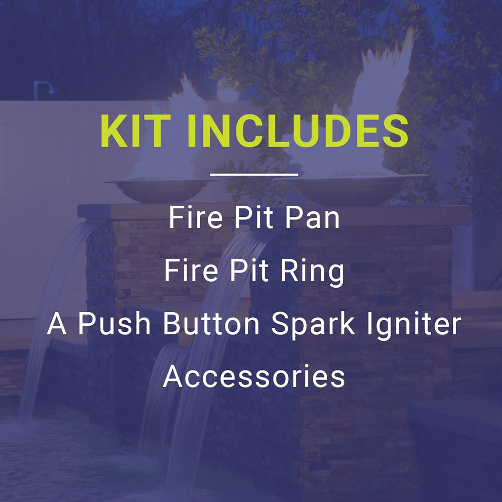 Gas fire pit with flames and a fire pit ring shown on background