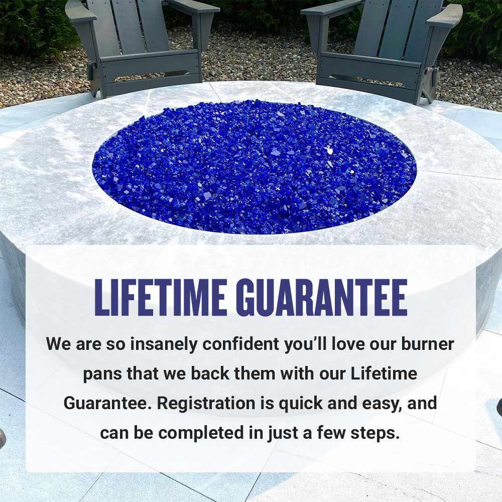 Round fire pit burner top with blue glass fire media and center burner opening
