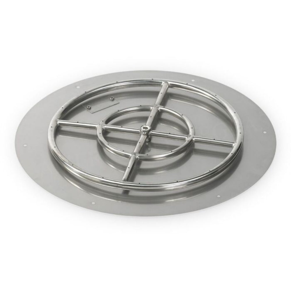 Round flat fire pit burner pan viewed from above with stainless steel burner ring